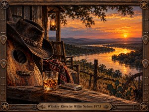 A weathered cowboy hat and acoustic guitar rest beside a whiskey glass on a rustic porch overlooking a winding river at sunset. Golden reflections illuminate distant hills beneath an orange sky. Rich painterly textures, warm lantern light, and an ornate bronze guitar-string frame evoke nostalgia, solitude, and country soul.