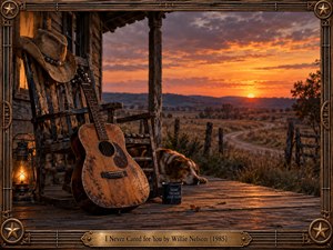A weathered rocking chair, cowboy hat, and battered acoustic guitar rest on a rustic porch beside a sleeping dog and glowing lantern. Beyond, a winding country road disappears into sunset hills beneath fiery orange and violet clouds. Rich cinematic realism and an ornate Western frame evoke loneliness, nostalgia, and quiet resignation.