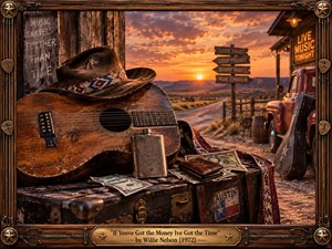 A weathered acoustic guitar, cowboy hat, scattered money, and vintage suitcase evoke carefree adventure beside a desert highway at sunset. Golden orange skies illuminate a rustic honky-tonk and antique pickup truck. Rich cinematic realism, nostalgic Western textures, and an ornate carved wooden frame capture the warmth of country music.