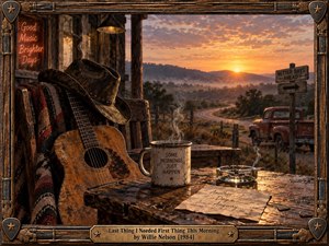A weathered guitar and cowboy hat rest beside steaming coffee on a rustic porch overlooking misty hills and a winding road. Golden sunrise illuminates an old pickup, handwritten note, and hopeful roadside sign. Rich amber tones, cinematic realism, and a carved wooden frame evoke melancholy, resilience, and country nostalgia.