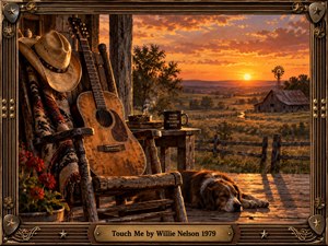 A weathered acoustic guitar rests against a rustic porch chair beneath a cowboy hat, overlooking golden countryside at sunset. A sleeping dog, smoking ashtray, and distant barn evoke peaceful nostalgia. Rich amber light illuminates textured wood and rolling fields, surrounded by an ornate bronze and guitar-string frame with an engraved title plate.