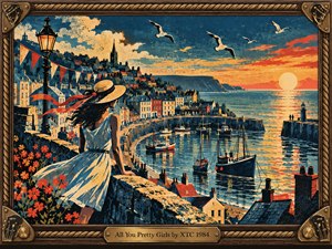 A windswept woman in a white dress and straw hat overlooks a lively seaside harbor at sunset. Fishing boats, hillside houses, gulls, flowers, and a distant lighthouse fill the sweeping landscape. Warm gold, coral, cream, and deep blue tones create a romantic vintage screenprint mood within an ornate nautical frame.