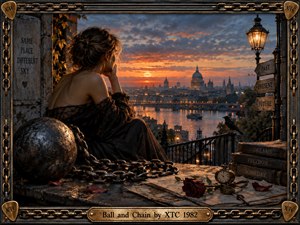 A solitary woman overlooks a glowing riverside city at sunset, surrounded by a massive iron ball and chain, weathered books, a pocket watch, rose, and directional signs. Warm amber light contrasts with blue-gray clouds, creating a wistful, restrained mood within an ornate chain-and-brass frame.