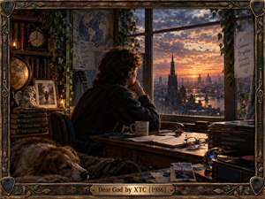 A solitary figure sits at a cluttered desk overlooking a glowing city at sunset, surrounded by books, maps, candles, a guitar, and a sleeping dog. Warm amber light contrasts with brooding blue clouds, creating a reflective, questioning mood. Ornate musical metalwork frames the richly detailed, cinematic painted scene.
