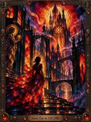 A glowing stained-glass city rises through gothic arches as a solitary woman in a fiery red dress faces a radiant cathedral. Crimson, amber, violet, and deep blue fragments create a tense dreamlike atmosphere, with sweeping bands of light suggesting motion, heat, and emotional transformation beneath an ornate bronze musical frame.