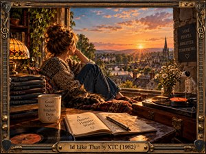 A woman rests beside a cat in a cozy window alcove overlooking a glowing sunset town. Warm amber light fills the richly detailed room, illuminating records, books, flowers, and a journal. The nostalgic painterly scene feels peaceful and hopeful, enclosed by an ornate brass musical frame and engraved title plate.