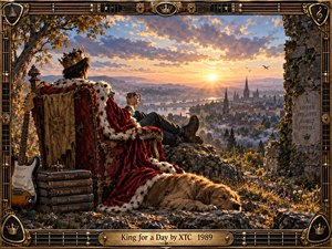 A crowned figure relaxes on a weathered throne overlooking a misty riverside city at golden sunset. Warm amber light illuminates rocky ground, autumn foliage, a sleeping dog, guitar, and stacked books. Ornate musical framing, distant cathedral spires, and richly detailed realistic painting create a reflective, whimsical atmosphere.