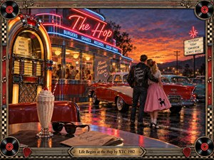 A glowing retro diner anchors a rain-slicked evening filled with chrome cars, neon reflections, and youthful optimism. A couple faces a fiery sunset beside the bustling hop, while a jukebox, milkshake, records, and vintage signage enrich the nostalgic scene. Warm reds, pinks, and golds create cinematic painted atmosphere.