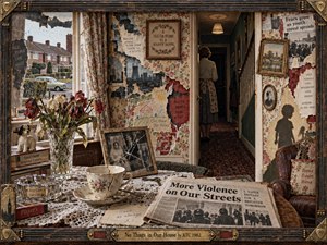 A tense suburban sitting room layers floral wallpaper, torn posters, wilted flowers, cracked china, family photographs, and a troubling newspaper beneath muted daylight. Warm browns, faded reds, and cream tones contrast with deep hallway shadows, where a lone figure stands. Detailed constructed collage evokes domestic denial, unease, and fractured respectability.