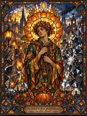 A solemn stained glass figure stands before a glowing pumpkin halo, framed by autumn leaves, wheat, and gothic city architecture. Warm amber light contrasts with fractured blue-gray scenes of crowds and cameras, creating a reverent yet uneasy mood. Intricate leadwork, jewel tones, and ornate framing give the image cathedral-like grandeur.