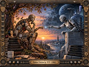 A contemplative mechanical man and sleek futuristic robot reach toward a crackling spark above a city divided between warm sunset and cold moonlight. Books, records, guitar, circuitry, towers, and gears symbolize humanity confronting technology. Rich bronze framing, dramatic clouds, intricate detail, and cinematic realism create an intellectual, uneasy atmosphere.