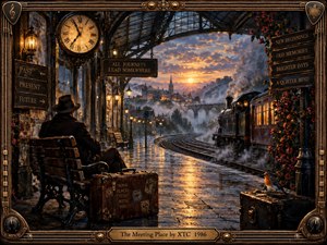 A solitary traveler waits beneath a grand glass railway canopy as a steam train idles beside rain-slick tracks at sunset. Golden lamps, glowing windows, curling mist, and distant village spires create a nostalgic, reflective mood. Rich painterly detail, weathered luggage, vintage signs, flowers, and an ornate brass frame deepen the period atmosphere.