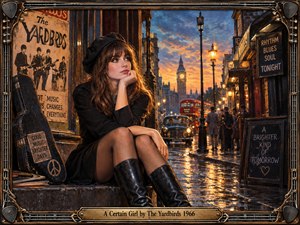A stylish young woman sits pensively outside a London music club at dusk, surrounded by rain-slick streets, glowing lamps, vintage cars, and a red double-decker bus. Warm amber light contrasts with deep blues, while Yardbirds posters, a guitar case, and an ornate instrument-inspired frame reinforce the richly painted 1960s atmosphere.