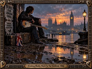 A brooding guitarist rests beside the Thames at sunset, surrounded by rain-darkened stone, muddy reflections, and weathered London posters. Big Ben and Westminster glow through misty orange and blue light. Rich painterly realism, vintage textures, a Union Jack, river traffic, and an ornate guitar-inspired frame evoke gritty 1960s blues-rock atmosphere.