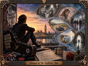 A lone figure overlooks glowing London at sunset as dreamlike framed glimpses drift across the sky, revealing musicians, travelers, landscapes, and shadowed streets. Warm gold and cool blue tones create a reflective, mysterious mood. Vintage records, a guitar case, handwritten notes, and a fading rose enrich the cinematic composition.