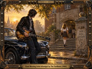A richly detailed oil painting captures a young guitarist beside a gleaming vintage car outside a grand school at golden sunrise. Warm amber light, autumn foliage, stone architecture, and long shadows create nostalgic tension. An elaborate guitar-themed frame with fretboards, picks, amplifier controls, and brass detailing completes the period composition.
