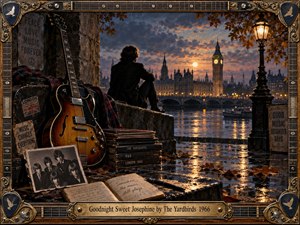 A solitary musician overlooks the Thames and illuminated London skyline at dusk, surrounded by a vintage guitar, records, photographs, and an open notebook. Warm amber lamplight contrasts with cool blue-gray clouds and wet reflections, creating a nostalgic, bittersweet mood within an ornate guitar-themed frame inspired by 1960s rock culture.