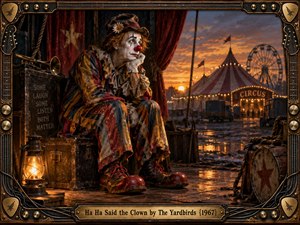 A weary clown sits beside battered trunks at a muddy circus grounds, gazing toward a glowing big top and Ferris wheel at sunset. Rich reds, golds, browns, and deep shadows create a wistful, theatrical mood. Detailed painterly realism, lantern light, weathered props, and an ornate musical frame evoke vintage melancholy.