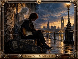A solitary guitarist sits beside a weathered London wall as a ghostly companion rests a reassuring hand on his shoulder. Rain-slicked pavement reflects amber lamps beneath a brooding blue sky and distant Westminster skyline. Rich cinematic realism, vintage guitar imagery, and an ornate frame create a haunting, nostalgic atmosphere.