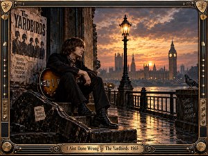 A brooding young guitarist rests beside the Thames at sunset, surrounded by rain-darkened stone, vintage posters, and a battered guitar case. Warm amber lamplight reflects across wet pavement while Parliament rises through atmospheric haze. Ornate guitar-inspired framing, muted browns, black, and gold reinforce the cinematic 1960s mood.
