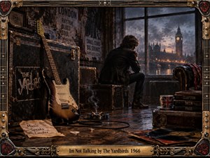 A solitary musician sits beside a rain-streaked London window, surrounded by a weathered guitar, amplifiers, records, and road cases. Warm amber lights contrast with stormy blue-gray skies, creating a brooding, reflective mood. Detailed painterly realism, smoky shadows, vintage posters, and an ornate guitar-inspired frame evoke 1960s British rock.