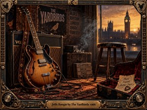 A sunburst electric guitar rests against a vintage amplifier in a smoky London rehearsal room, framed by worn brick, records, cables, and an open case. Warm amber sunset pours through the window toward Big Ben, creating a nostalgic 1960s rock atmosphere within an ornate guitar-themed bronze frame.