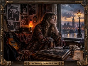 A wistful woman in a patterned dress sits beside a rain-streaked London window, surrounded by guitars, records, vintage photographs, and warm lamplight. Cool stormy blues contrast with amber interior tones, creating a reflective 1960s atmosphere. An ornate guitar-inspired bronze frame and engraved title plate complete the cinematic photographic composition.