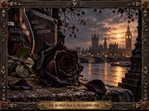 A black rose glistens with rain on a weathered stone ledge overlooking London at sunset. Big Ben and Parliament rise through smoky clouds above the reflective Thames, while a battered guitar and amplifier add rock-era character. Warm amber light contrasts with deep burgundy shadows inside an ornate musical frame.