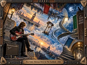 A guitarist sits amid a surreal London dreamscape where inverted streets, twisting stairways, floating doors, and an hourglass defy gravity. Warm sunset orange collides with moonlit blue, creating psychedelic tension. Detailed painterly realism, dramatic clouds, glowing lamps, and a guitar-string frame evoke restless 1960s rock energy.