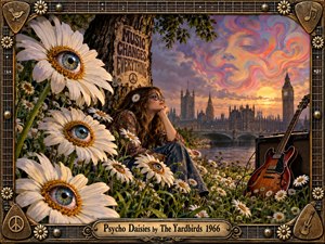 A psychedelic riverside scene shows a dreamy young woman among giant eye-centered daisies, gazing toward Londons glowing skyline beneath a swirling face in the sunset clouds. Warm amber, violet, and green tones create a surreal 1960s mood, while a guitar, amplifier, peace symbols, and ornate fretboard frame reinforce the rock atmosphere.