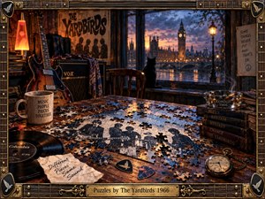 A richly detailed vintage studio surrounds an unfinished jigsaw puzzle scattered across a wooden table. Warm amber lamplight contrasts with the cool blue London twilight beyond the window. A guitar, amplifier, records, books, picks, clock, and cat create a mysterious, nostalgic 1960s rock atmosphere framed by ornate musical detailing.