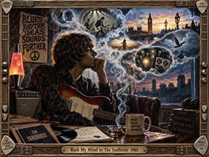 A brooding young guitarist sits amid records, notes, and vintage equipment as smoky visions spiral through his thoughts. London rooftops, stage performers, birds, glowing bulbs, and distant landscapes create a restless dreamscape. Warm amber, deep blue, and smoky gray tones reinforce the richly detailed, surreal 1960s rock atmosphere.