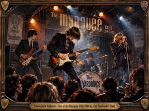 A smoky 1964 London club performance captures The Yardbirds amid glowing amber and cool blue stage lights. Musicians lean into guitars, drums, and vocals before a tightly packed crowd, while brick arches, vintage amplifiers, posters, and drifting haze create a raw, electric rhythm-and-blues atmosphere with richly detailed cinematic realism.
