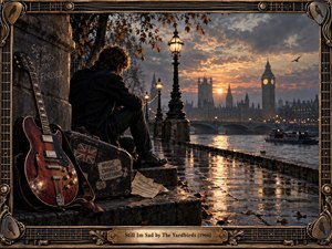 A solitary musician sits beside his guitar and battered case on a rain-slicked London riverside, facing Westminster beneath a brooding sunset. Warm amber lamps and reflections contrast with cool gray skies, creating a cinematic, melancholy mood. An ornate guitar-inspired frame and engraved title plate reinforce the vintage rock atmosphere.