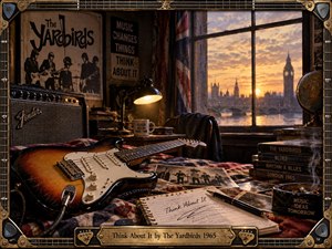 A vintage London music room glows with warm sunset light, centered on a sunburst electric guitar, handwritten notebook, amplifier, records, and scattered photographs. Rich browns, amber highlights, and smoky shadows create a reflective 1960s atmosphere. Guitar-string framing and brass details surround the intimate, nostalgic composition.