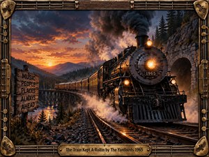 A powerful black steam locomotive surges along curving mountain tracks beneath a fiery sunset, trailing smoke and glowing passenger cars. Warm orange light contrasts with deep blue shadows, creating relentless momentum and vintage drama. Detailed metalwork, rugged scenery, guitar-string framing, and an engraved brass title plate evoke classic 1960s rock.