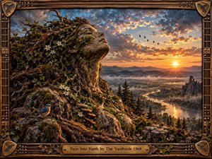 A monumental face formed from roots, stone, moss, and flowers rises above a sweeping river valley at sunset. Warm golden light breaks through dramatic blue-gray clouds, illuminating distant mountains, forests, and mist. Birds, tangled vegetation, and rugged rocks enhance the richly detailed, dreamlike naturalism and contemplative mood.