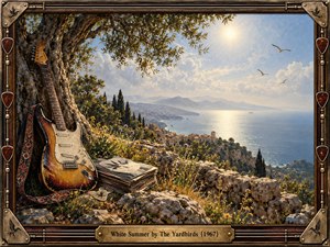 A sunlit coastal landscape unfolds beneath an ancient tree, where a weathered electric guitar and stacked records rest among wildflowers and stone. Warm golden light glimmers across the blue sea toward distant mountains and a hillside village. An ornate music-inspired frame adds nostalgic 1960s character and craftsmanship.