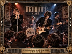 A packed 1960s club erupts with raw rhythm as The Yardbirds perform beneath smoky red and blue lights. The guitarist dominates the center while singer, bassist, and drummer drive the crowded scene. A richly detailed guitar-themed frame, vintage signage, warm wood, brass accents, and dramatic shadows amplify the electric live atmosphere.