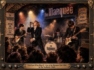 A gritty vintage concert scene shows The Yardbirds performing in a packed 1964 club beneath warm amber and cool blue stage lights. Suited musicians crowd the smoky stage as an energized audience presses forward. Rich browns, blacks, brass accents, textured brushwork, period posters, amplifiers, and an ornate instrument-inspired frame reinforce the atmosphere.