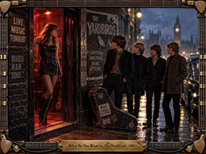 A rain-soaked 1960s London street glows with red club light as four stylish musicians face a woman framed in a doorway. Wet pavement, vintage cars, posters, and Big Ben create cinematic atmosphere. Rich blacks, amber highlights, and blue dusk tones complement the detailed photographic realism and guitar-inspired decorative frame.