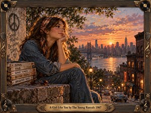 A young woman in denim rests beside a stone overlook at sunset, gazing across a glowing river toward a bridge and city skyline. Warm orange light, vintage cars, brick buildings, records, graffiti, and musical details create a romantic 1960s atmosphere. Rich oil-paint textures and an ornate brass frame enhance the nostalgic mood.