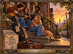A joyful 1960s street gathering unfolds on a sunlit brownstone stoop, where young friends share music, laughter, and carefree companionship. Warm amber light, vintage cars, flowers, records, and a resting dog create nostalgic urban energy. Rich painterly detail and an ornate music-themed frame enhance the celebratory atmosphere.