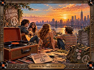 Four young friends relax on a hillside above a glowing city river at sunset, surrounded by a guitar, record player, peace symbols, and vintage accessories. Warm orange light, richly textured colors, and retro 1960s styling create an easygoing, nostalgic mood framed by ornate musical details and vinyl records.