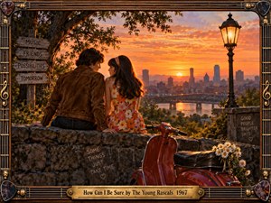 A young couple sits close on a stone overlook at sunset, framed by a glowing city skyline, river, and bridge. Warm orange light, vintage clothing, a red scooter, daisies, handwritten messages, and musical frame details create a tender 1960s atmosphere of romance, uncertainty, reflection, and hopeful possibility.