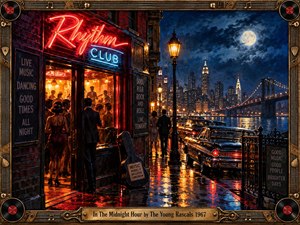 A rain-slicked 1960s city street glows with red neon, amber club light, and cool moonlit blues. Couples gather outside a lively rhythm club while classic cars line the waterfront. Painterly realism, reflections, ornate musical framing, records, and brass details create a romantic, energetic midnight atmosphere.