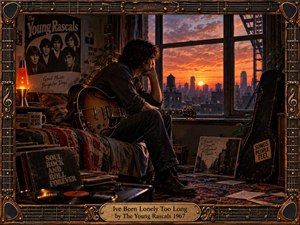 A solitary young guitarist sits beside a sunset window in a richly detailed 1960s bedroom, surrounded by records, posters, plants, and musical memorabilia. Warm orange light contrasts with deep brown shadows, creating a reflective, wistful mood. An ornate guitar-inspired frame and brass title plate complete the cinematic composition.