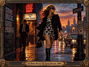 A stylish young woman strides through a rain-slick 1960s city street at sunset, leaving a shadowy suited man behind. Neon signs, vintage cars, glowing reflections, and dramatic orange-blue light create tense cinematic energy. The richly detailed painted scene is enclosed by an ornate music-themed brass frame.
