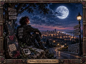 A lone punk figure sits above a glowing city beneath an enormous moon, creating a reflective yet defiant nighttime mood. Deep blues, amber streetlights, weathered signs, guitar imagery, blueberries, and worn textures blend cinematic realism with rock-inspired symbolism, framed by distressed metal, strings, picks, and heart motifs.