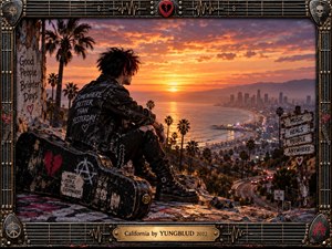 A punk-styled figure sits beside a battered guitar case on a rugged coastal overlook, watching a fiery California sunset glow across ocean, palms, highways, and distant city lights. Cinematic digital realism, warm orange skies, dark clothing, graffiti, musical symbols, and an ornate metal guitar-themed frame create a rebellious yet reflective atmosphere.